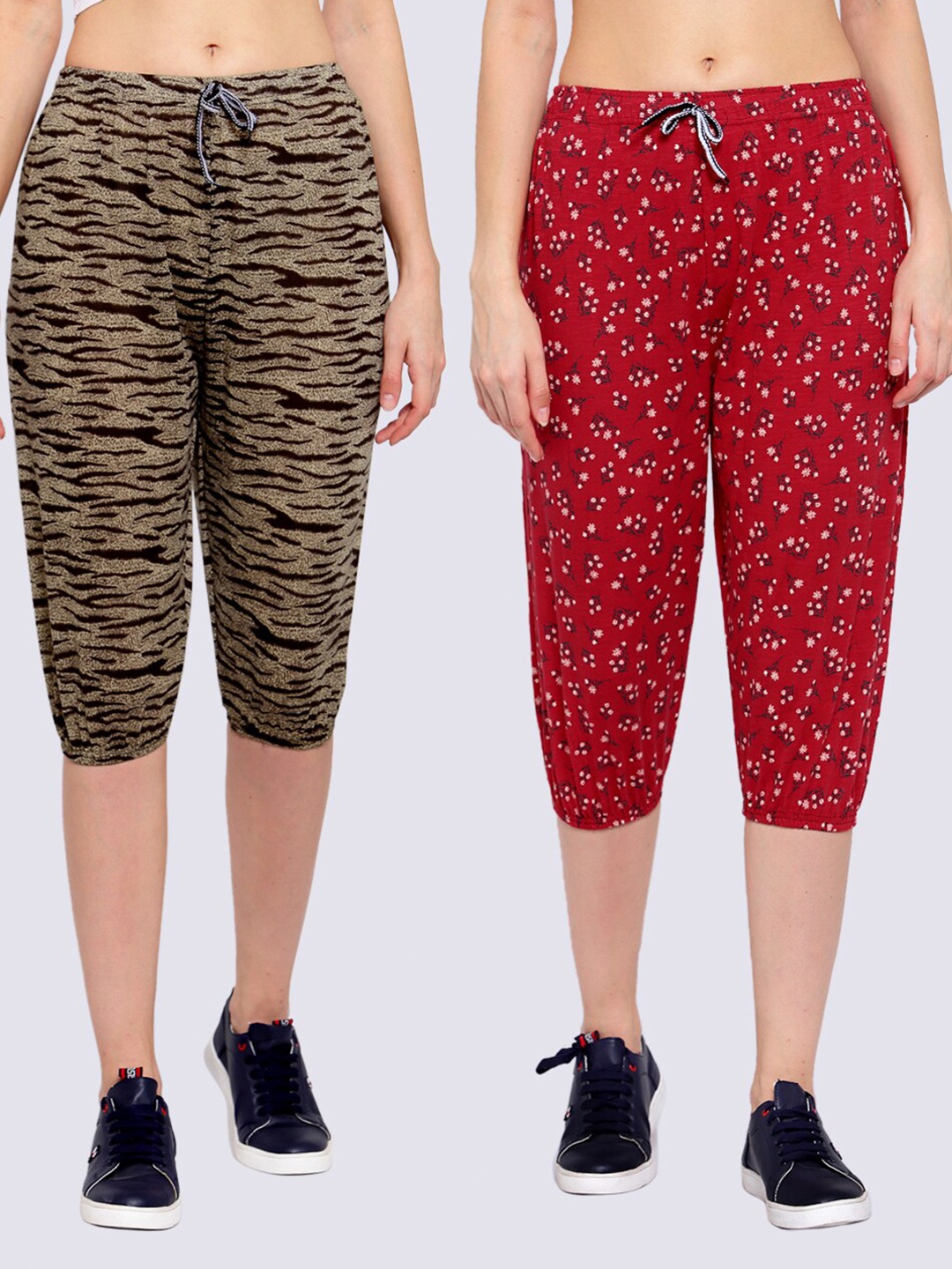 

KLOTTHE Women Pack Of 2 Red & Brown Printed Pure Cotton Capris