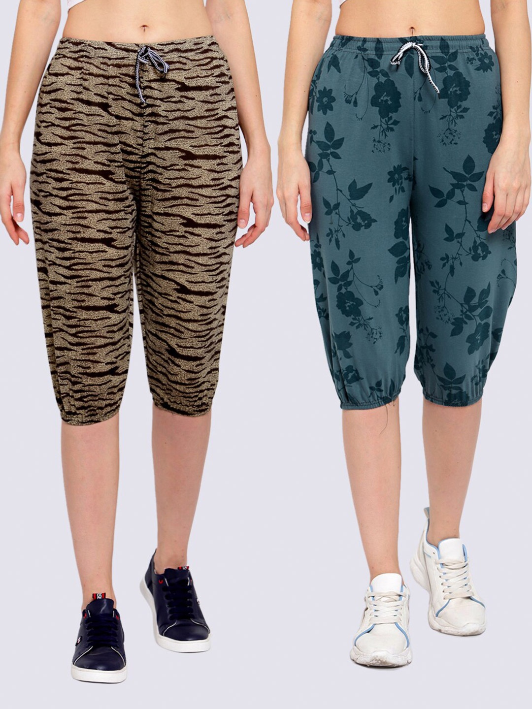 

KLOTTHE Women Pack of 2 Black & Green Printed Pure Cotton Capris