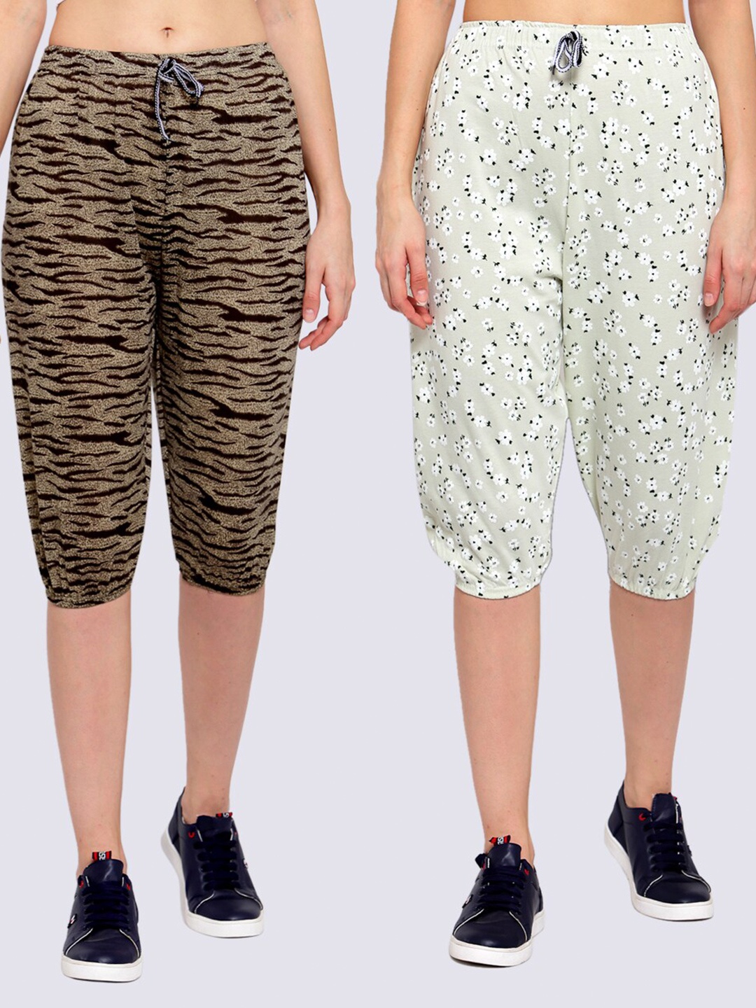 

KLOTTHE Women Pack of 2 Grey & White Printed Capris
