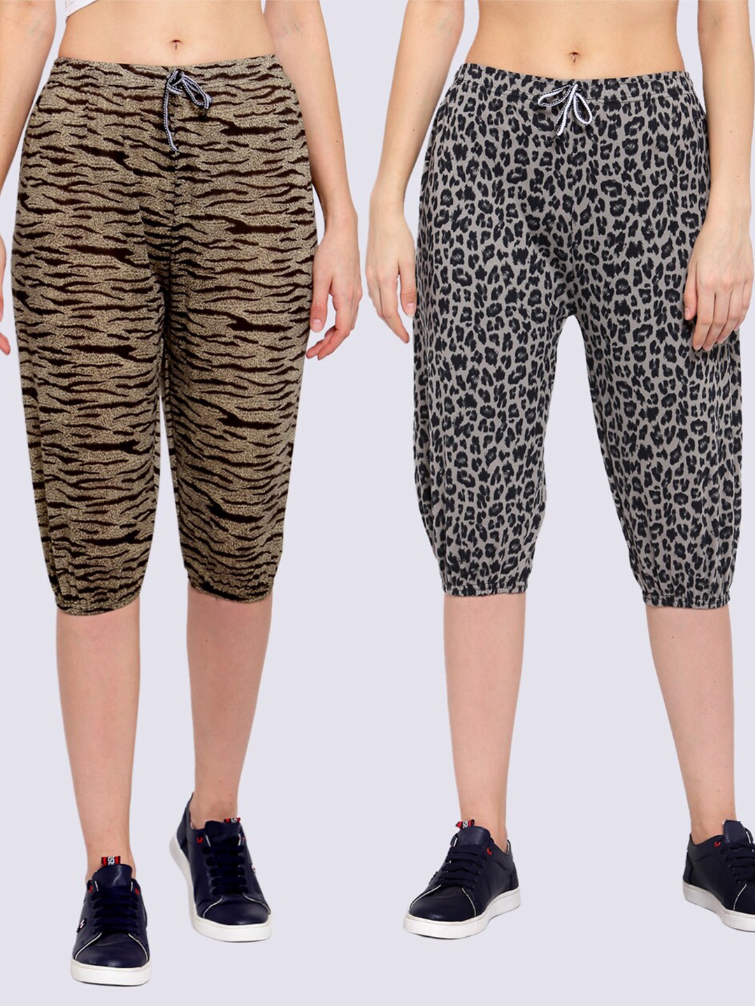 

KLOTTHE Women Pack of 2 Brown & Black Printed Pure Cotton Capris