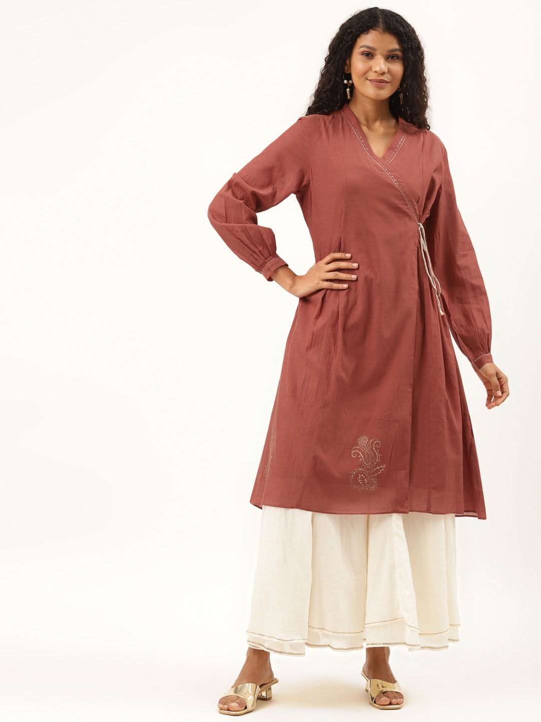 

Ancestry Women Rust Brown Solid Pure Cotton Angrakha Kurta