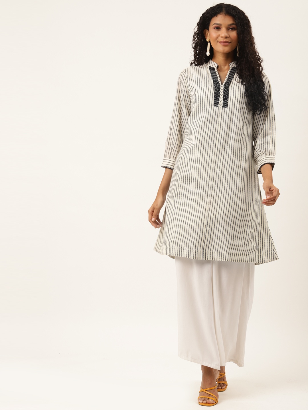 

Ancestry Women Beige & Black Pure Cotton Striped Kurta