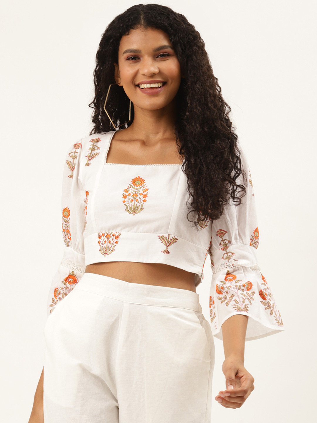 

Ancestry White & Orange Pure Cotton Printed Regular Crop Top