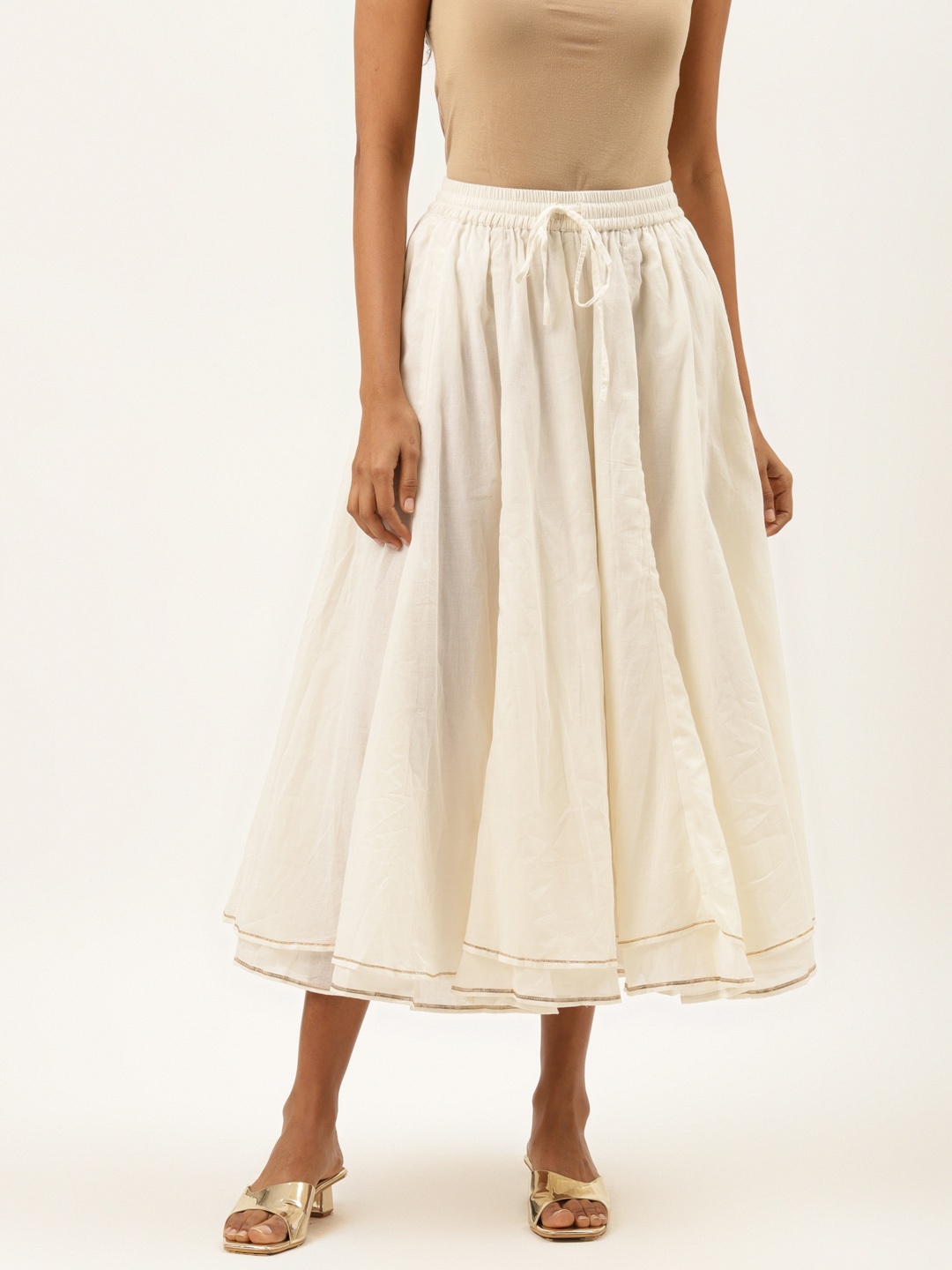 

Ancestry Woman Off-White Pure Cotton Solid Flared Midi Skirts