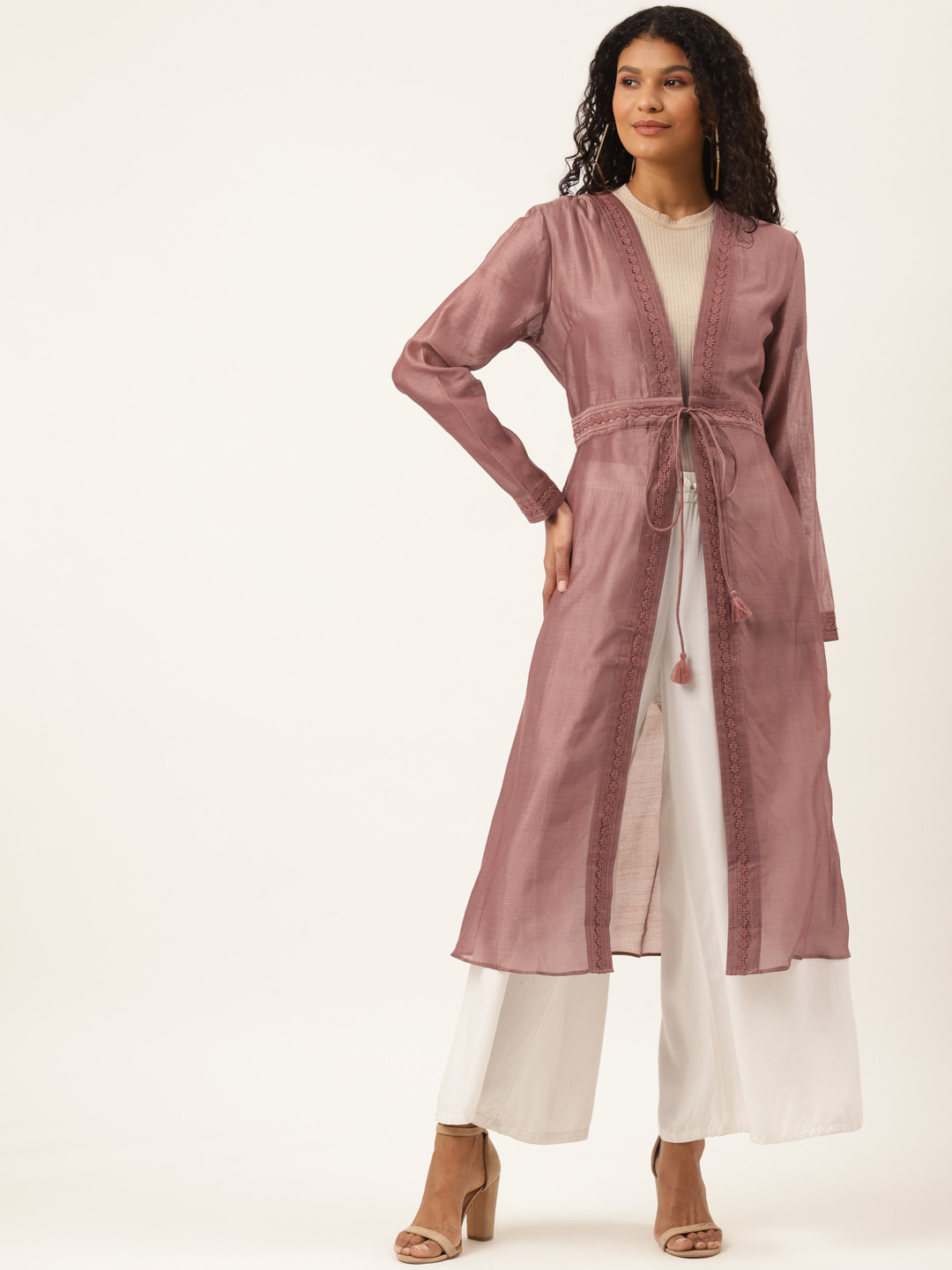 

Ancestry Women Dusty Pink Longline Sheer Tie-Up Shrug