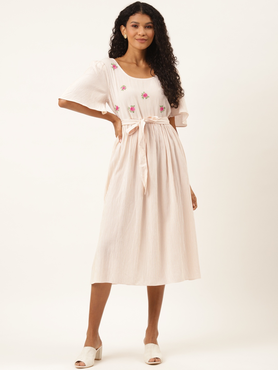 

Ancestry White & Mustard Yellow Striped Yoke Embroidered A-Line Dress with Belt