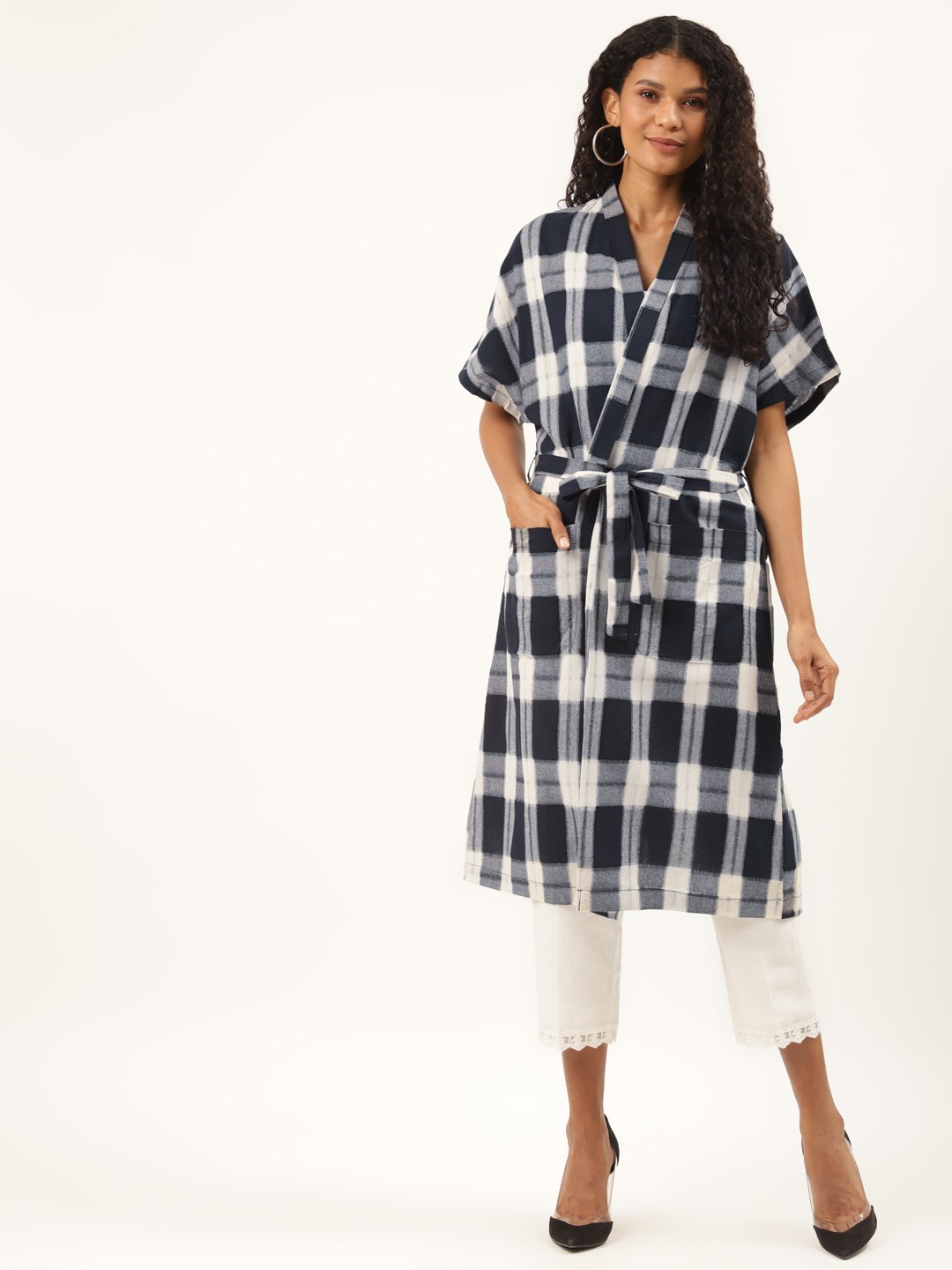 

Ancestry Women Navy Blue & White Pure Cotton Checked Longline Tie-Up Shrug