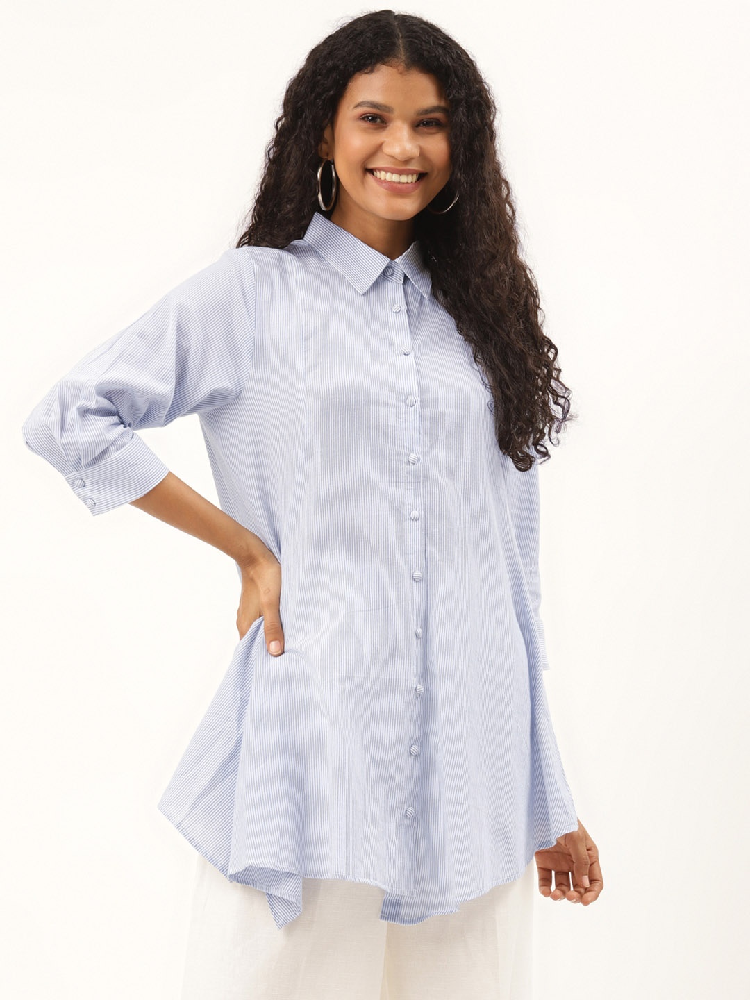 

Ancestry White & Blue Pure Cotton Striped Shirt Style Top