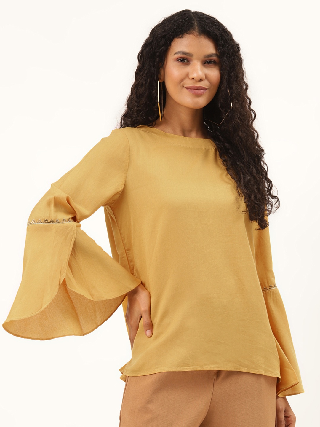 

Ancestry Mustard Yellow Solid Styled Back Top