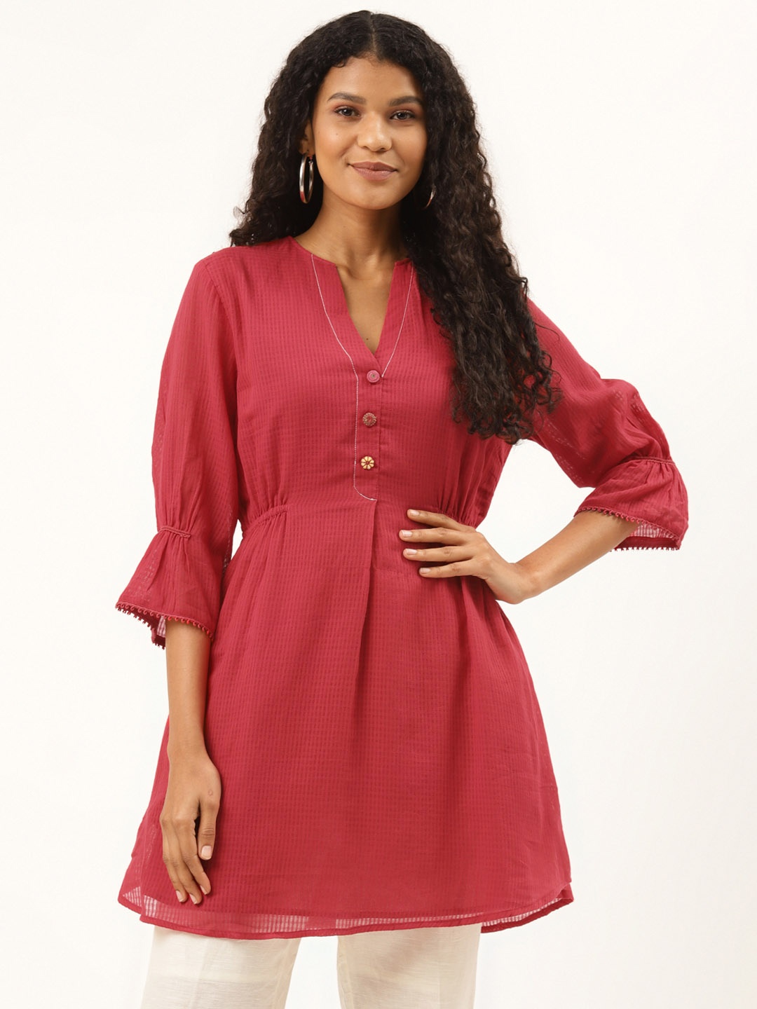 

Ancestry Pink Pure Cotton Self Design A-Line Top