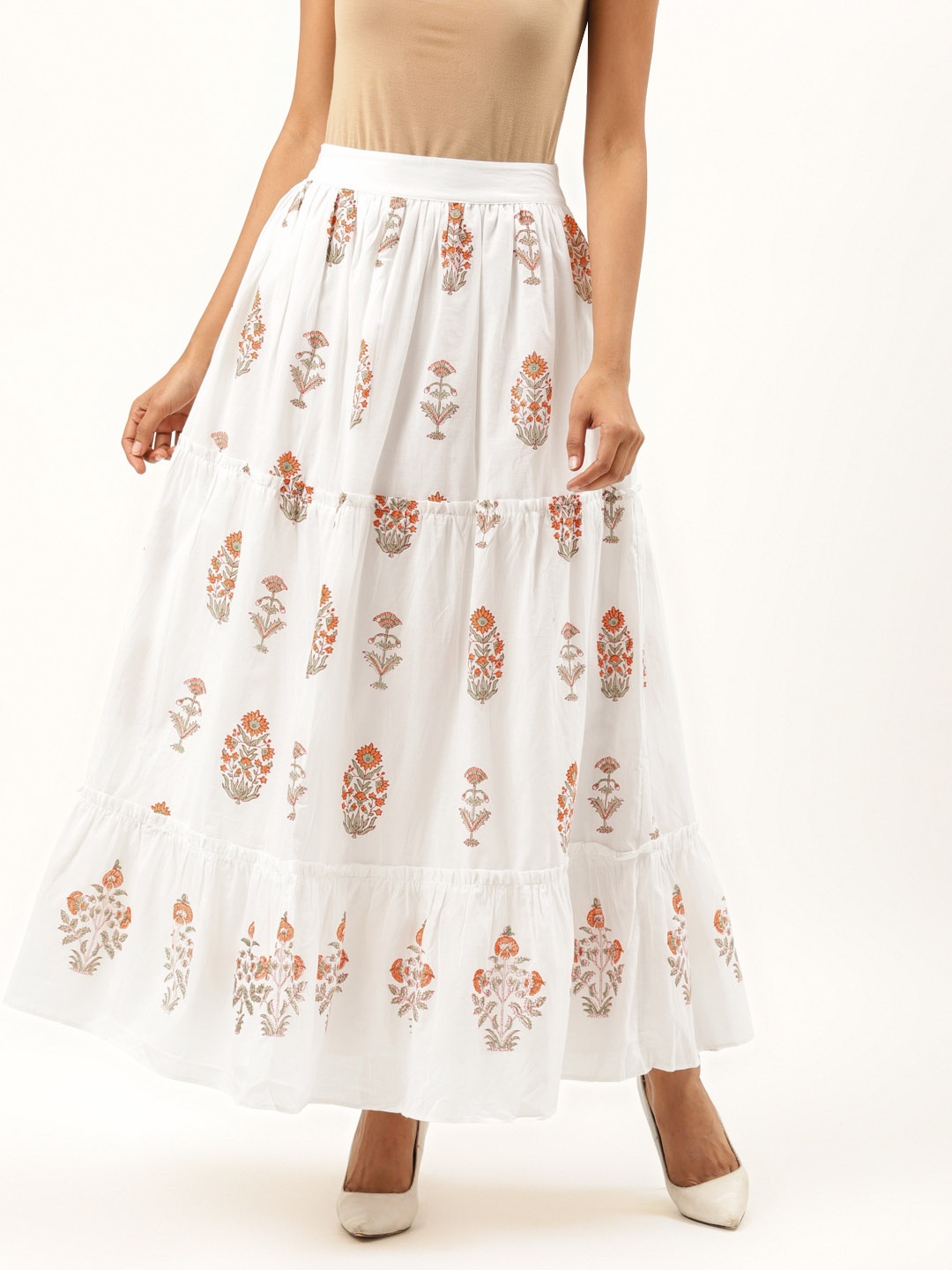 

Ancestry Women White & Orange Pure Cotton Tiered Ethnic Print Flared Maxi Skirt, Off white