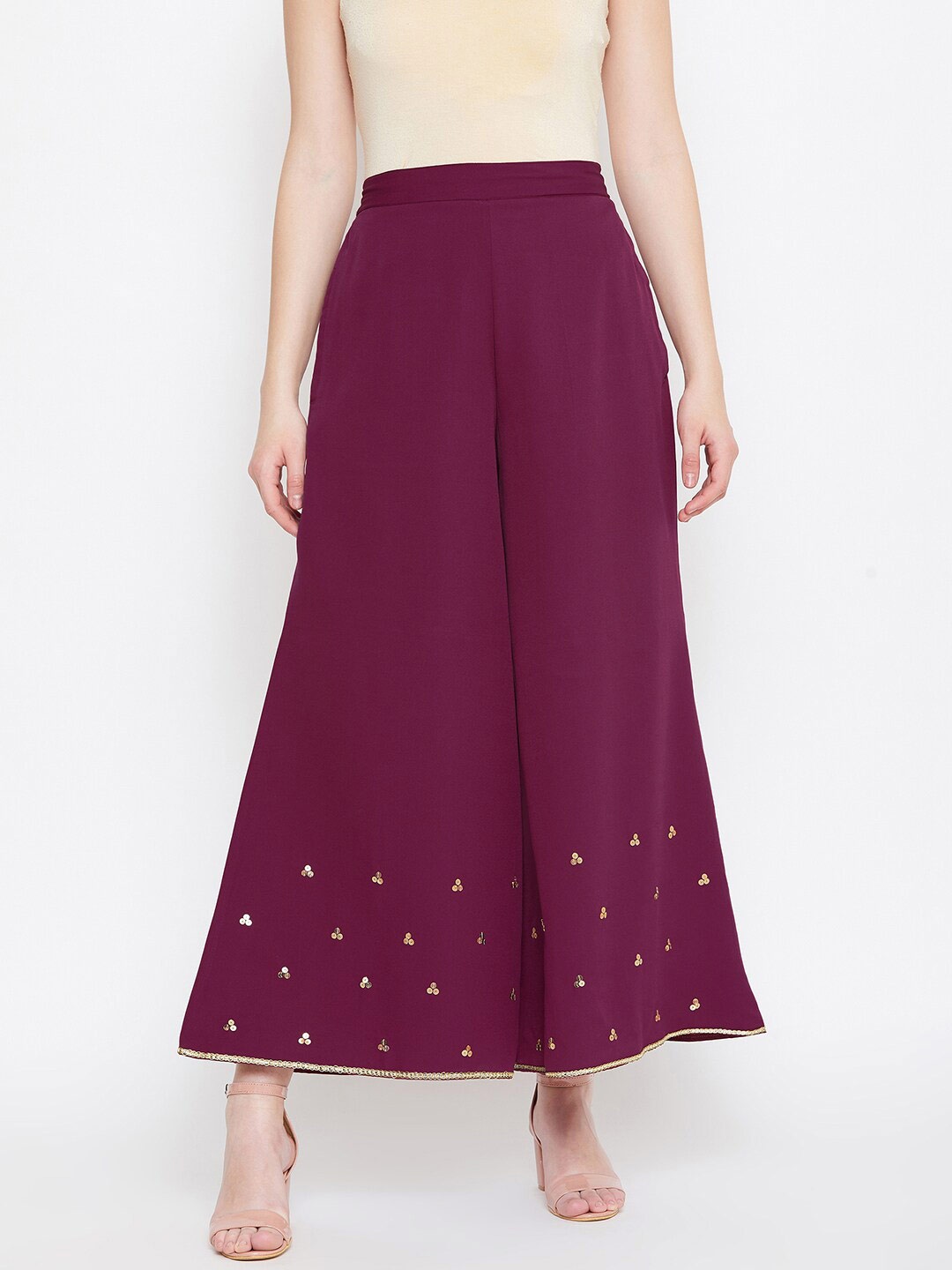 

Bitterlime Women Burgundy & Gold-Toned Floral Embellished Palazzos