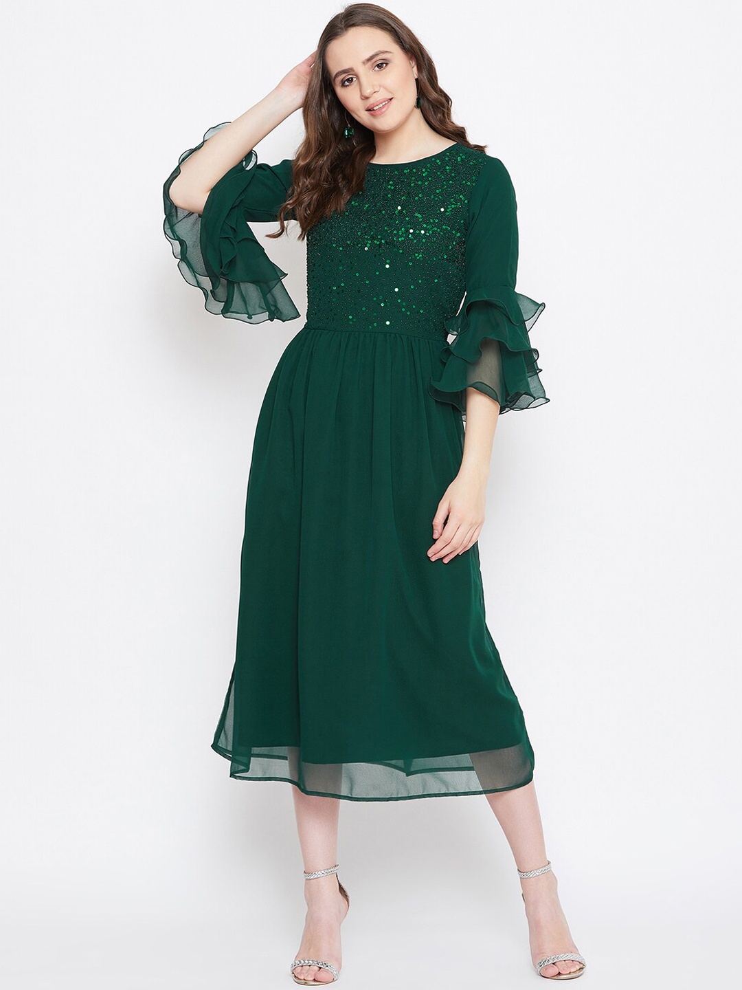 

Bitterlime Women Green Embellished Hand Sequined A-Line Midi Dress