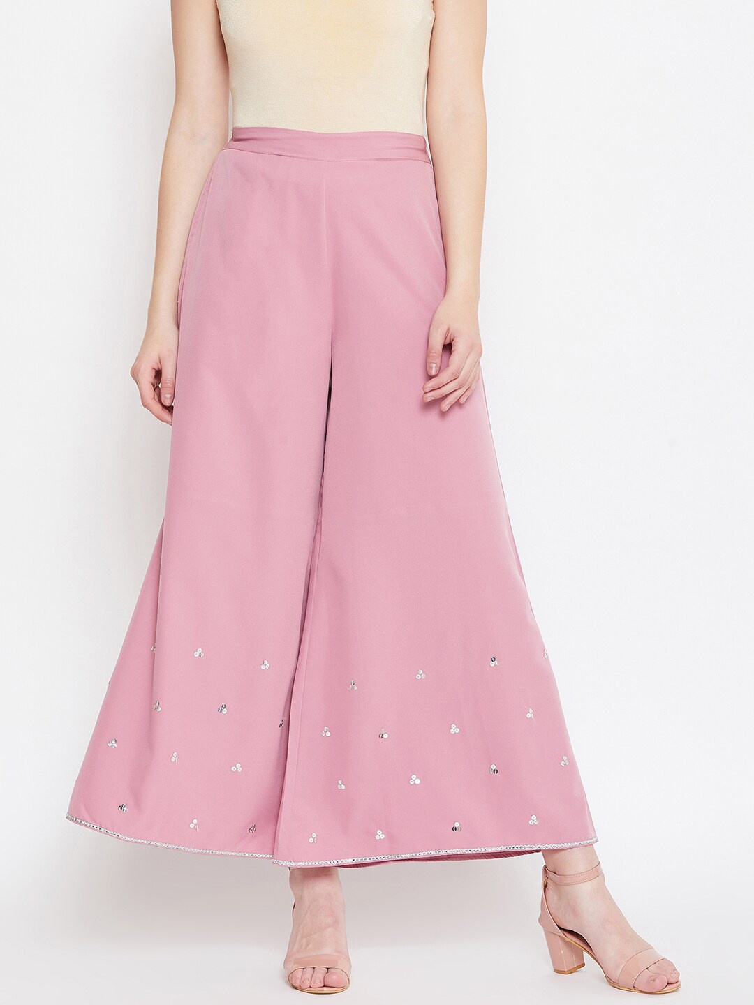 

Bitterlime Women Peach-Coloured Floral Embellished Flared Palazzos