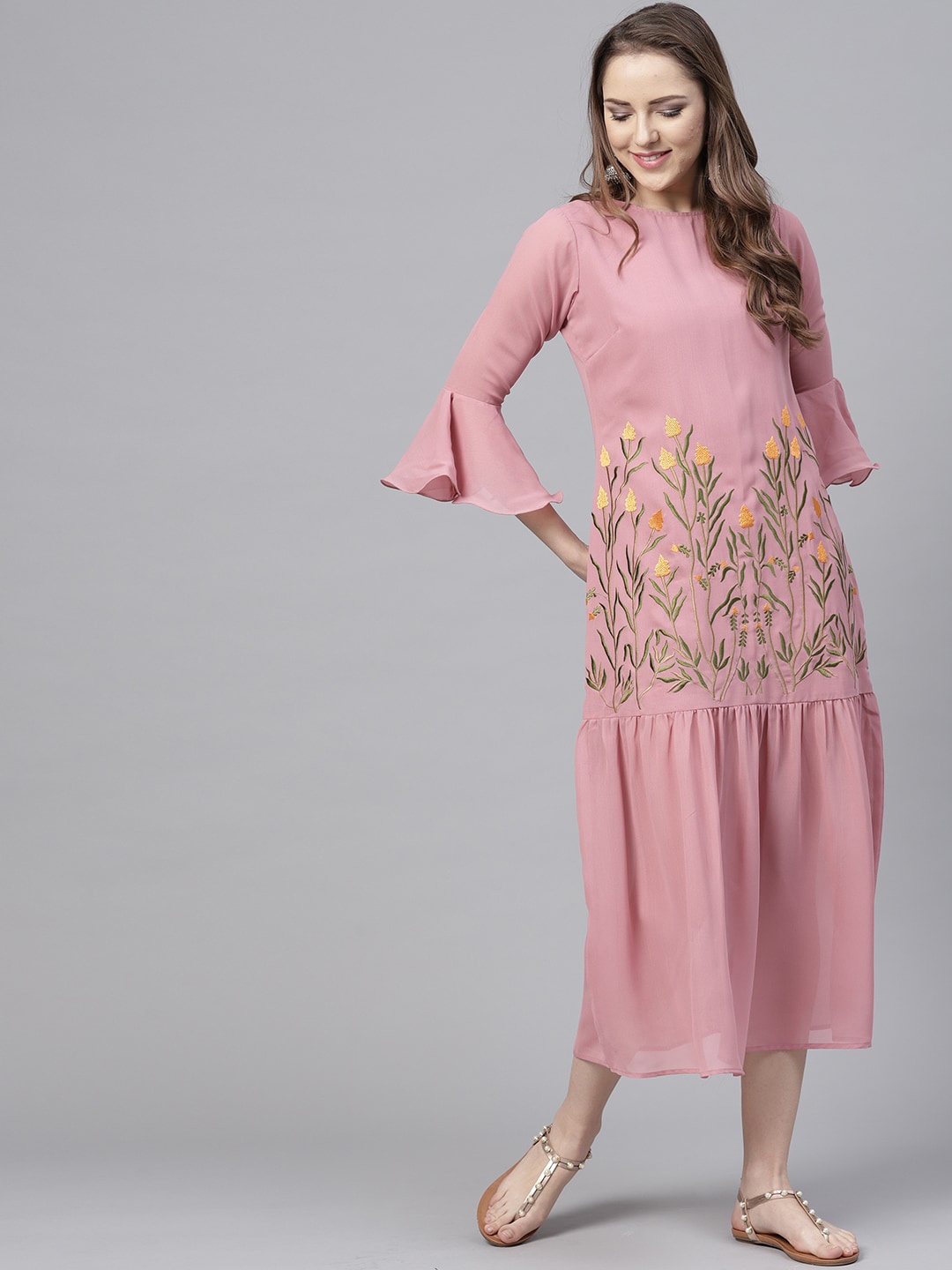 

Bitterlime Peach-Coloured & Green Embroidered Georgette A-Line Maxi Dress