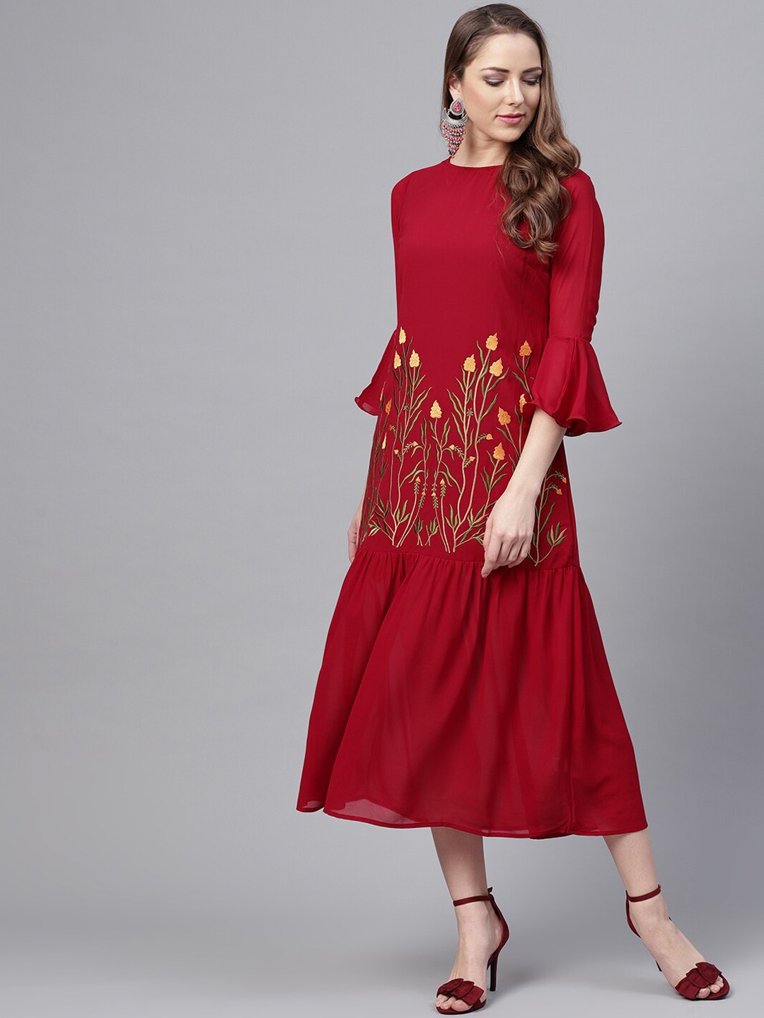 

Bitterlime Women Maroon & Green Embroidered Georgette A-Line Maxi Dress