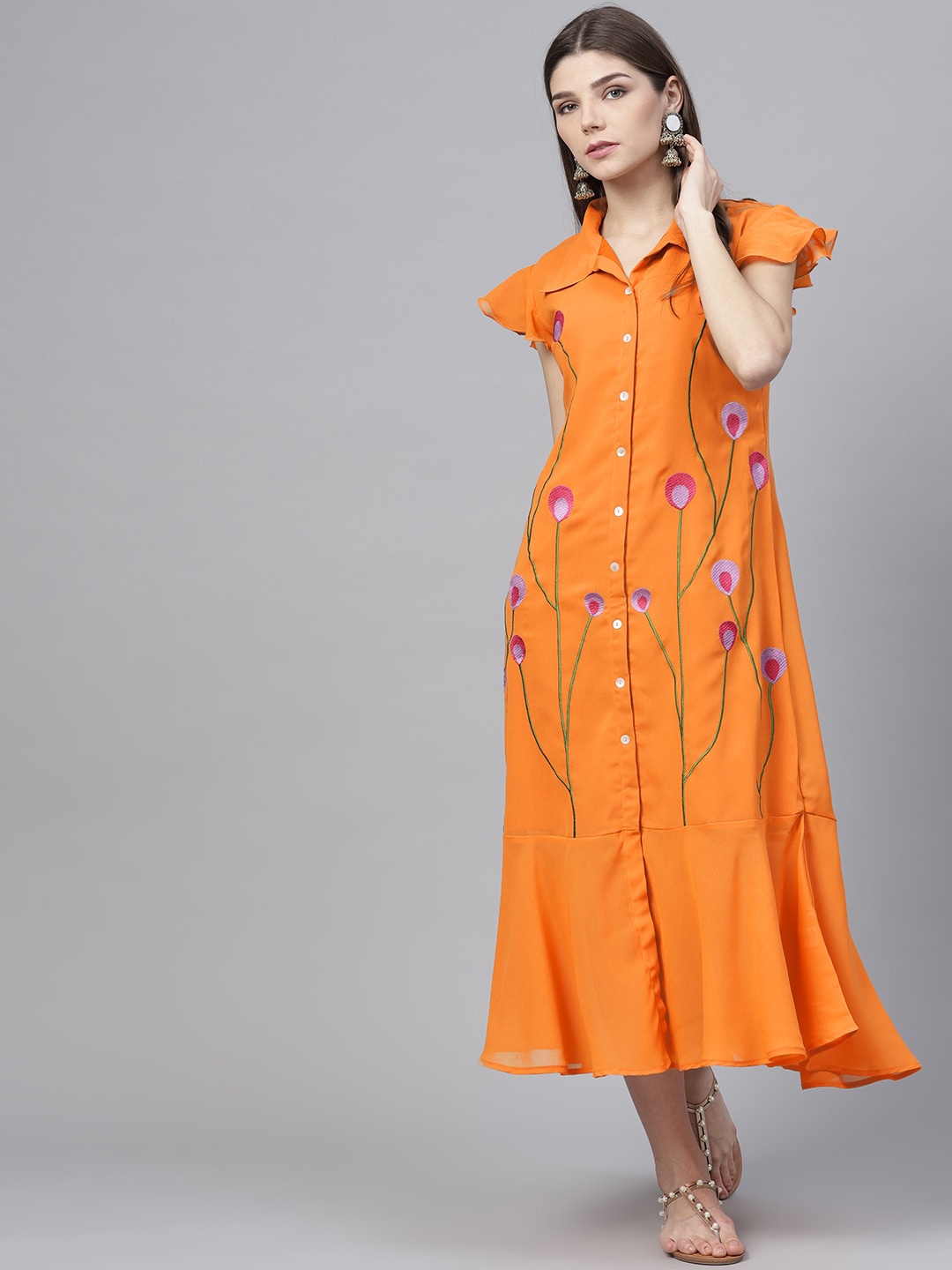 

Bitterlime Women Orange & Pink Embroidered Georgette Shirt Midi Dress