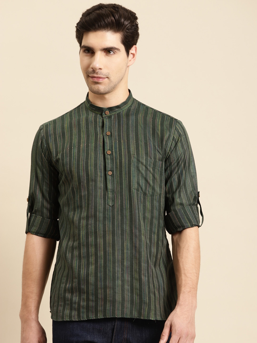 

RAJUBHAI HARGOVINDAS Men Green Striped Kurta