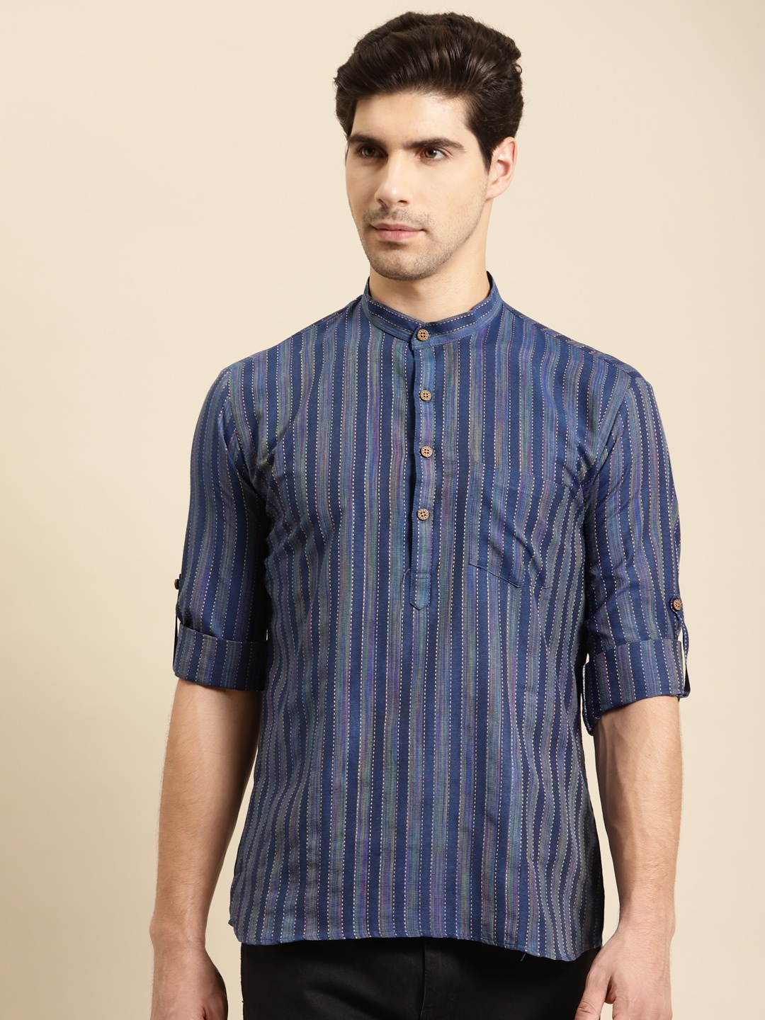 

RAJUBHAI HARGOVINDAS Men Blue Striped Handloom Kurta