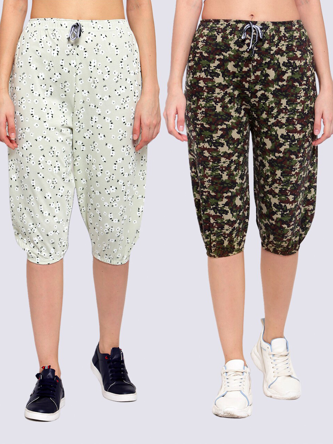 

KLOTTHE Women Pack Of 2 Green & Cream Printed Mid-Rise Pure Cotton Capris