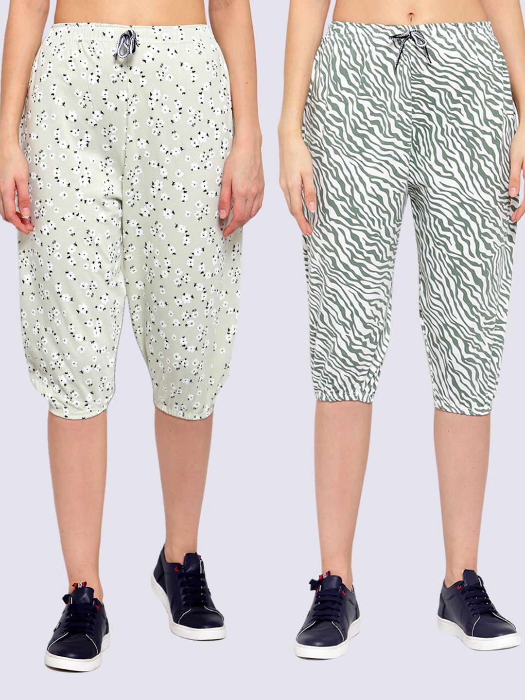

KLOTTHE Women Set of 2 Green & White Printed Pure Cotton Capris