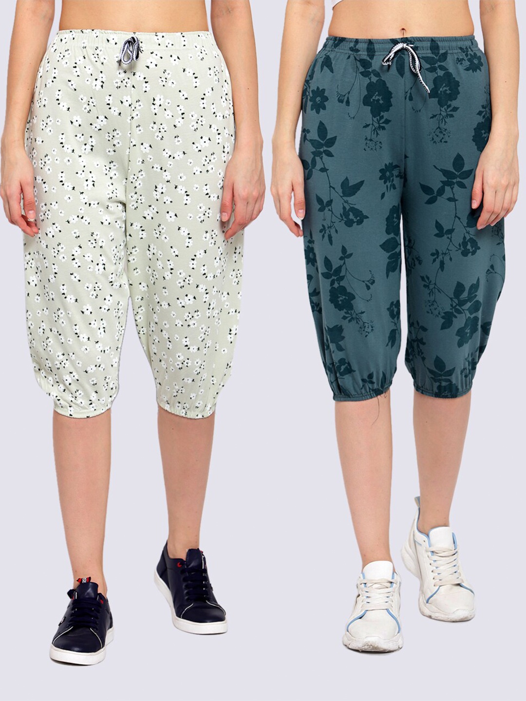 

KLOTTHE Women Pack Of 2 Sea Green & Teal Blue Printed Pure Cotton Capris