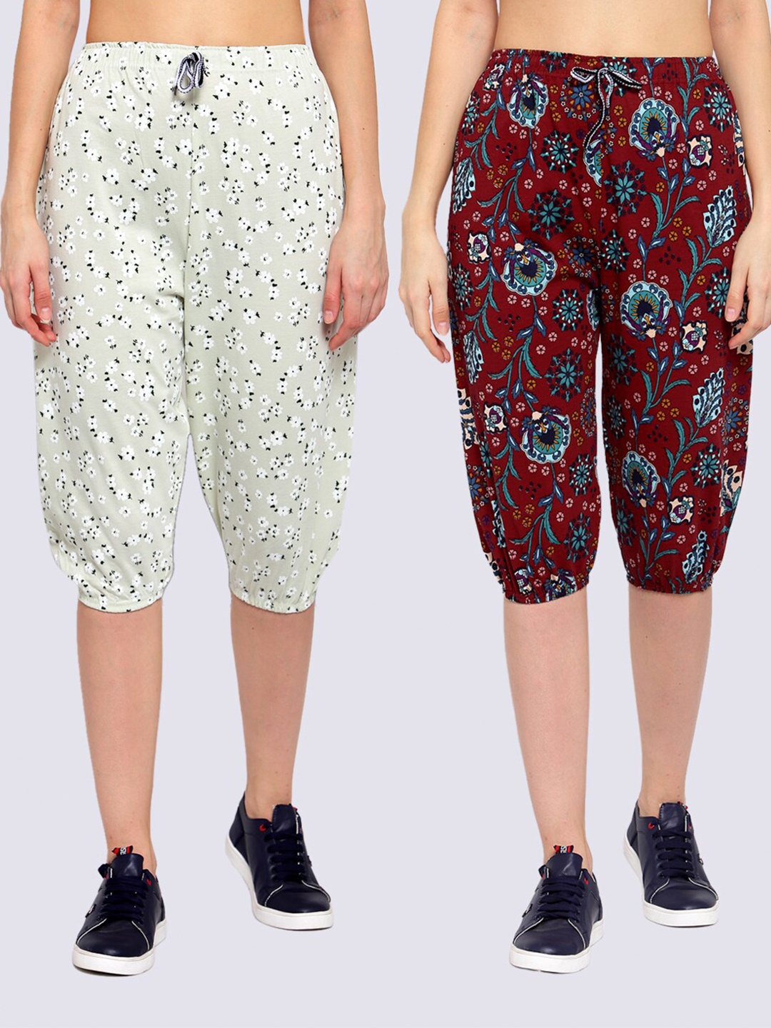 

KLOTTHE Women Pack of 2 White & Maroon Printed Pure Cotton Capris