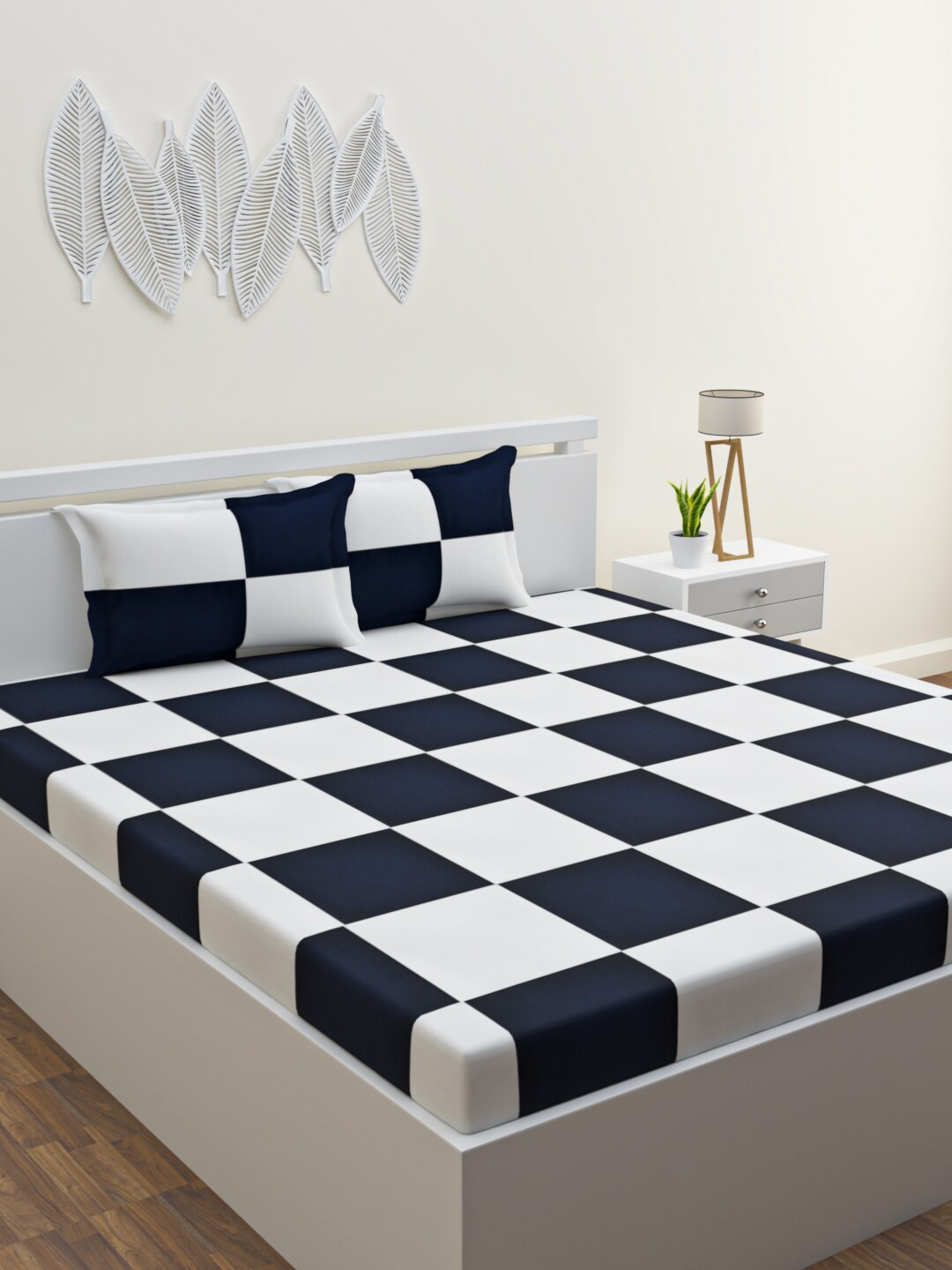 

HAPPY HUES Navy Blue & White Geometric 120 TC Queen Bedsheet with 2 Pillow Covers