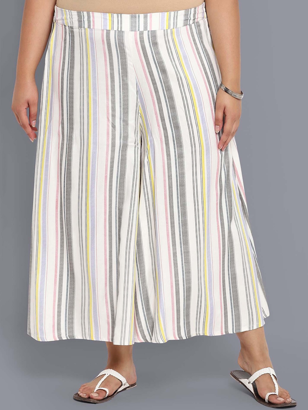 

AURELIA Women White & Grey Striped Flared Culottes