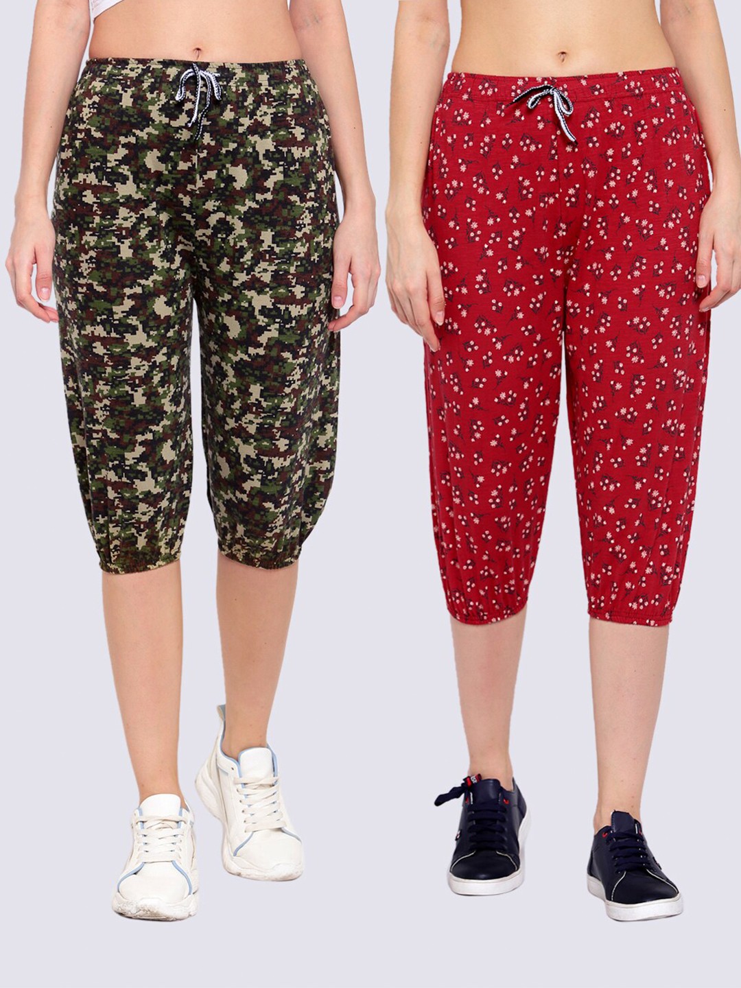 

KLOTTHE Women Pack of 2 Red & Green Printed Pure Cotton Capris