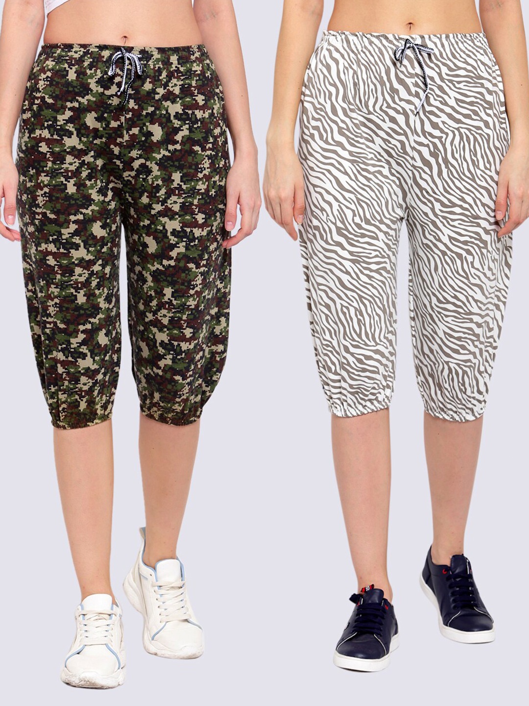 

KLOTTHE Women Pack of 2 White & Green Printed Capris