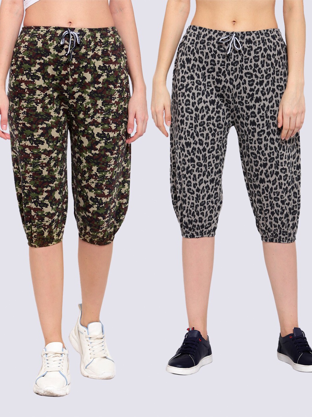 

KLOTTHE Women Pack of 2 Grey & Black Printed Capris