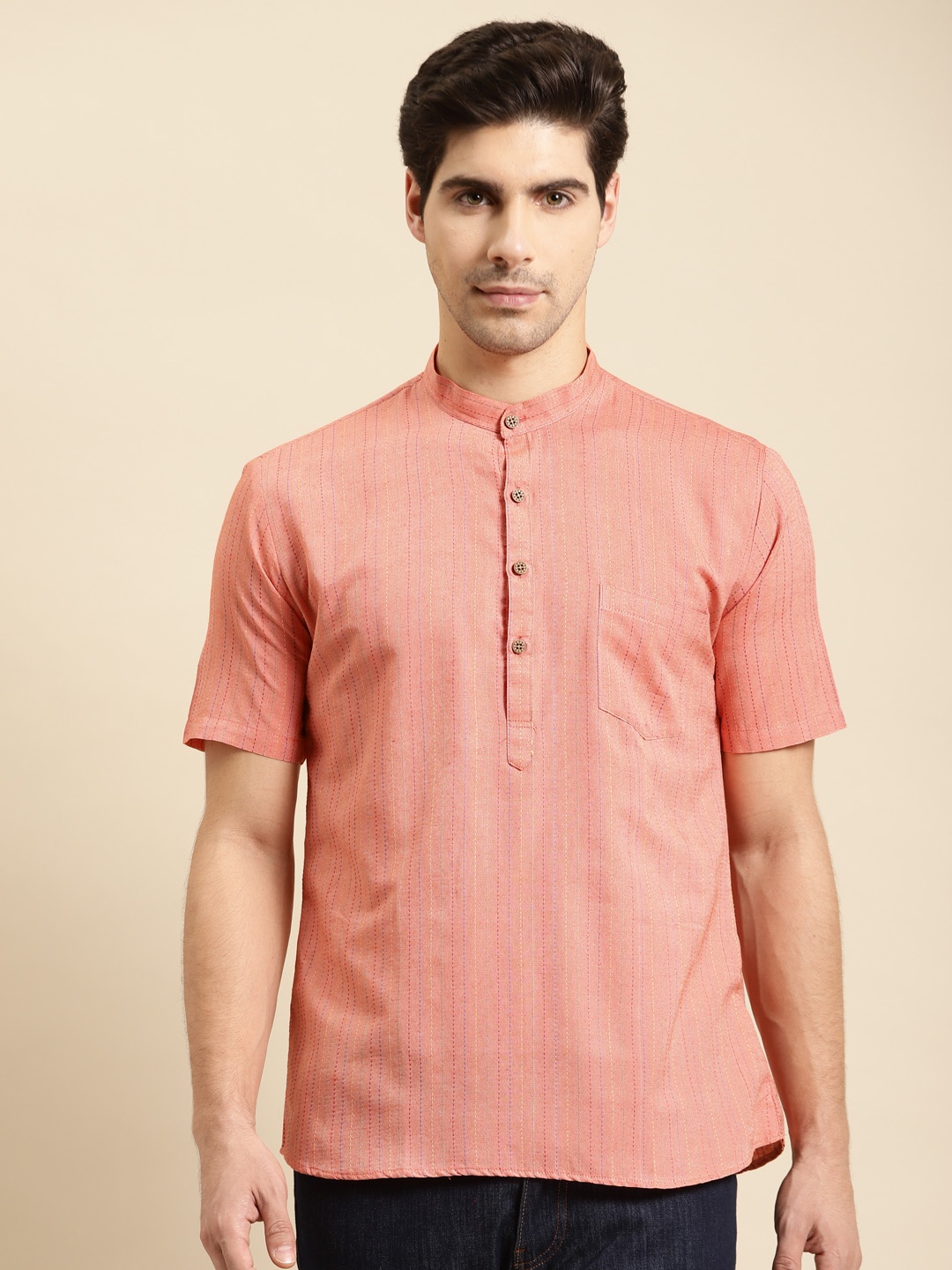 

RAJUBHAI HARGOVINDAS Men Peach-Coloured Striped Kurta