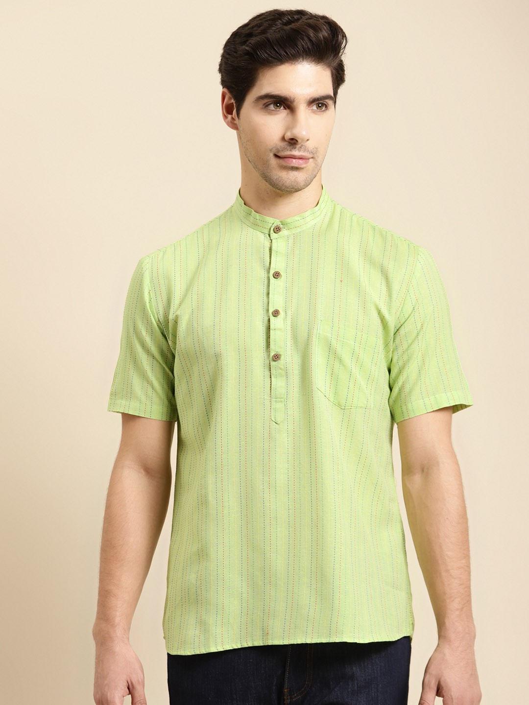 

RAJUBHAI HARGOVINDAS Men Green Striped Kurta