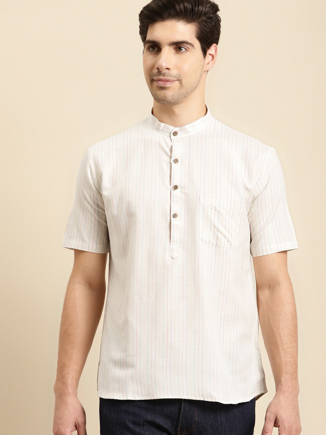 

RAJUBHAI HARGOVINDAS Men Cream-Coloured Striped Kurta