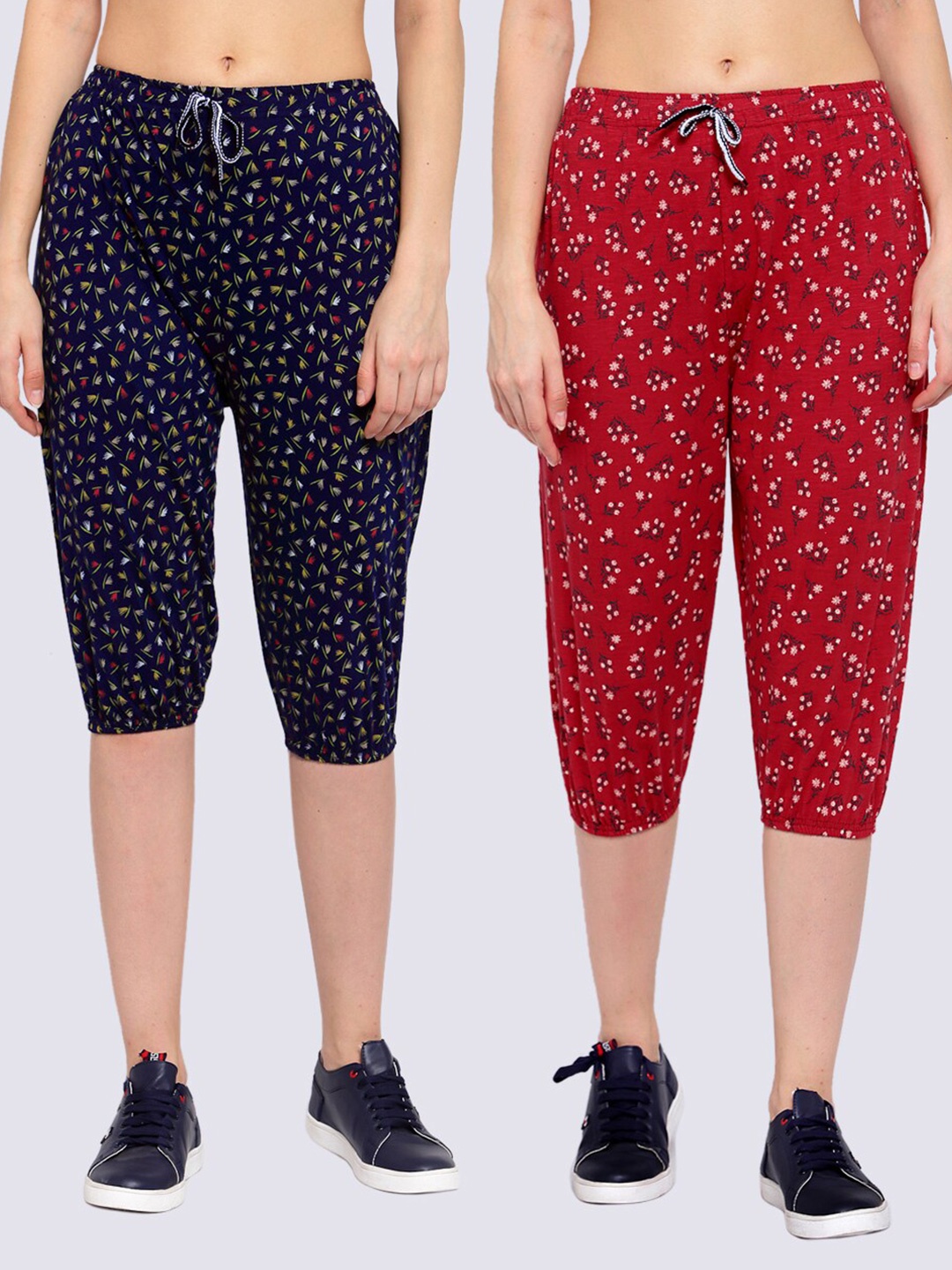 

KLOTTHE Women Pack Of 2 Navy Blue & Red Printed Pure Cotton Capris