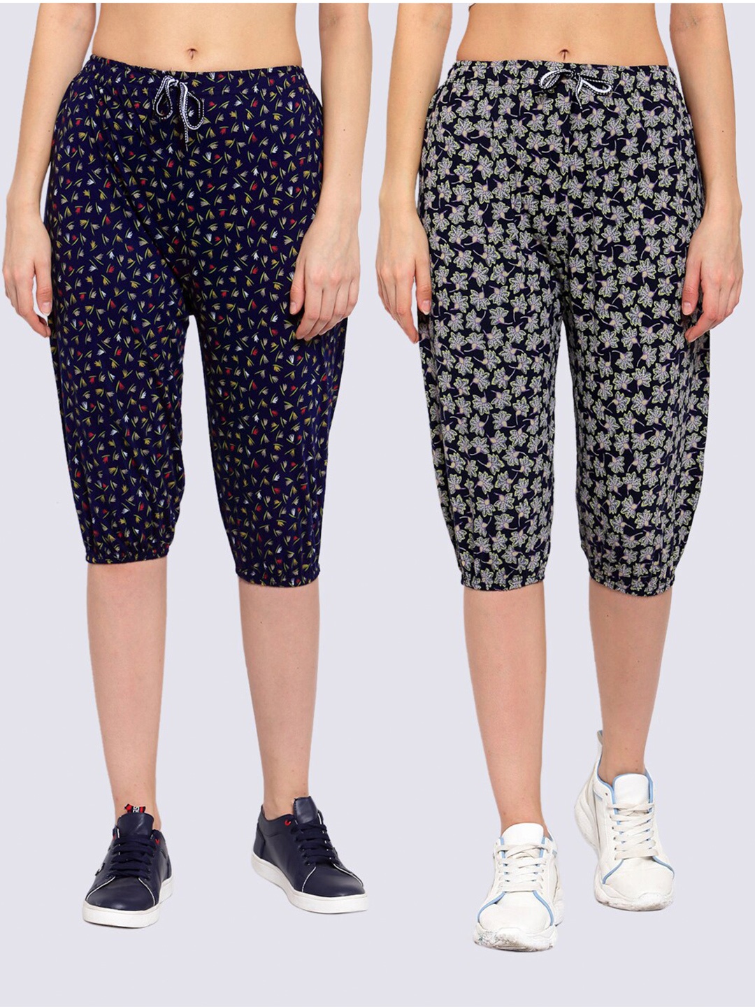 

KLOTTHE Pack Of 2 Women Pure Cotton Printed Capris, Navy blue