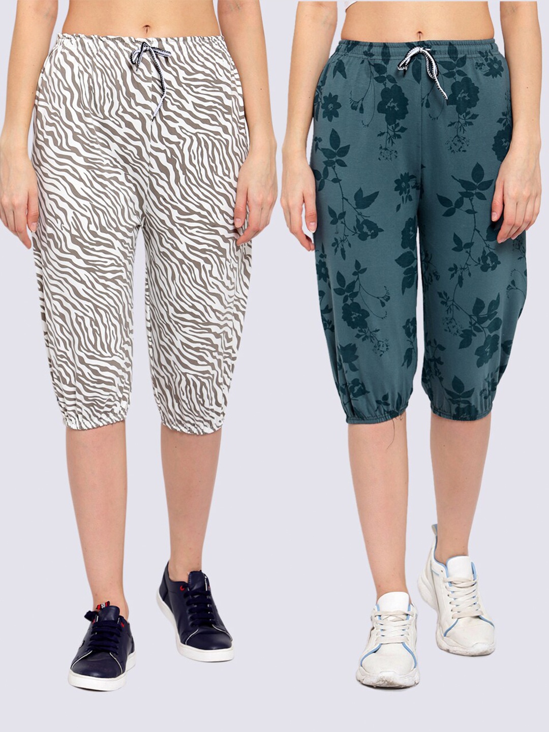 

KLOTTHE Women Pack of 2 Printed Pure Cotton Capris, White