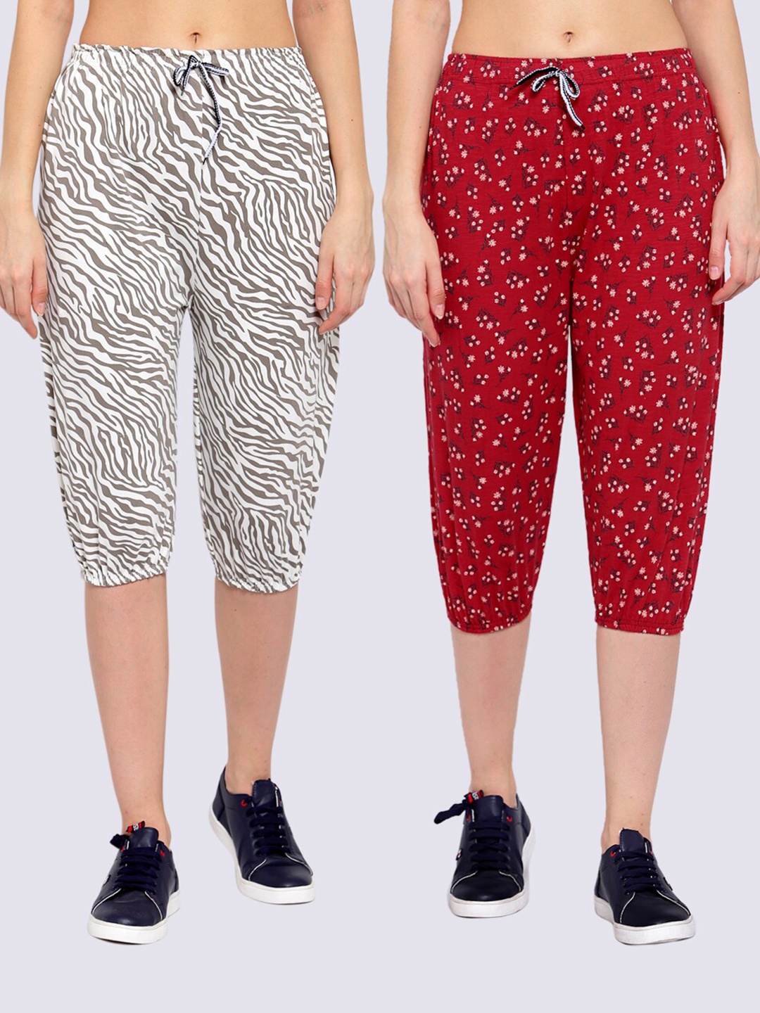

KLOTTHE Women Pack of 2 White & Red Printed Pure Cotton Capris