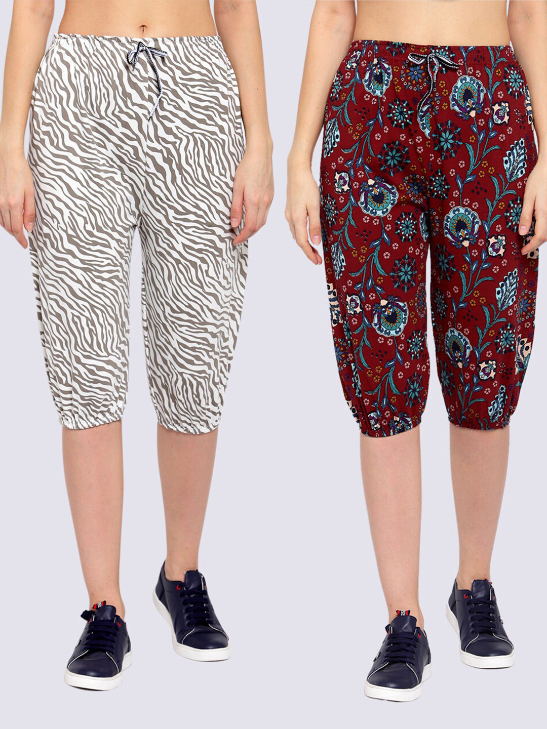 

KLOTTHE Women Pack of 2 White & Maroon Printed Capris