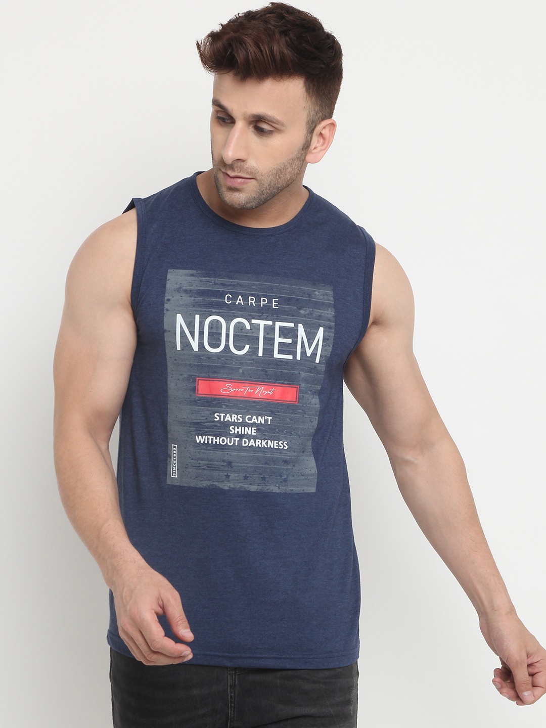 

CHKOKKO Men Blue & White Typography Printed Cotton T-shirt