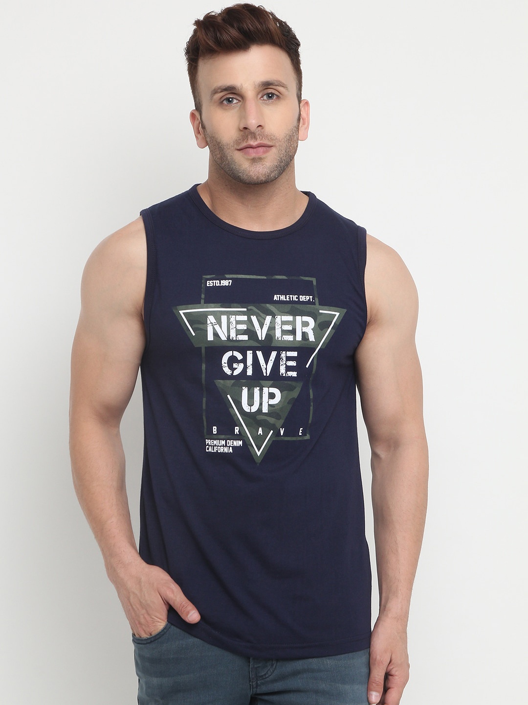 

CHKOKKO Men Navy Blue & White Typography Printed Cotton T-shirt