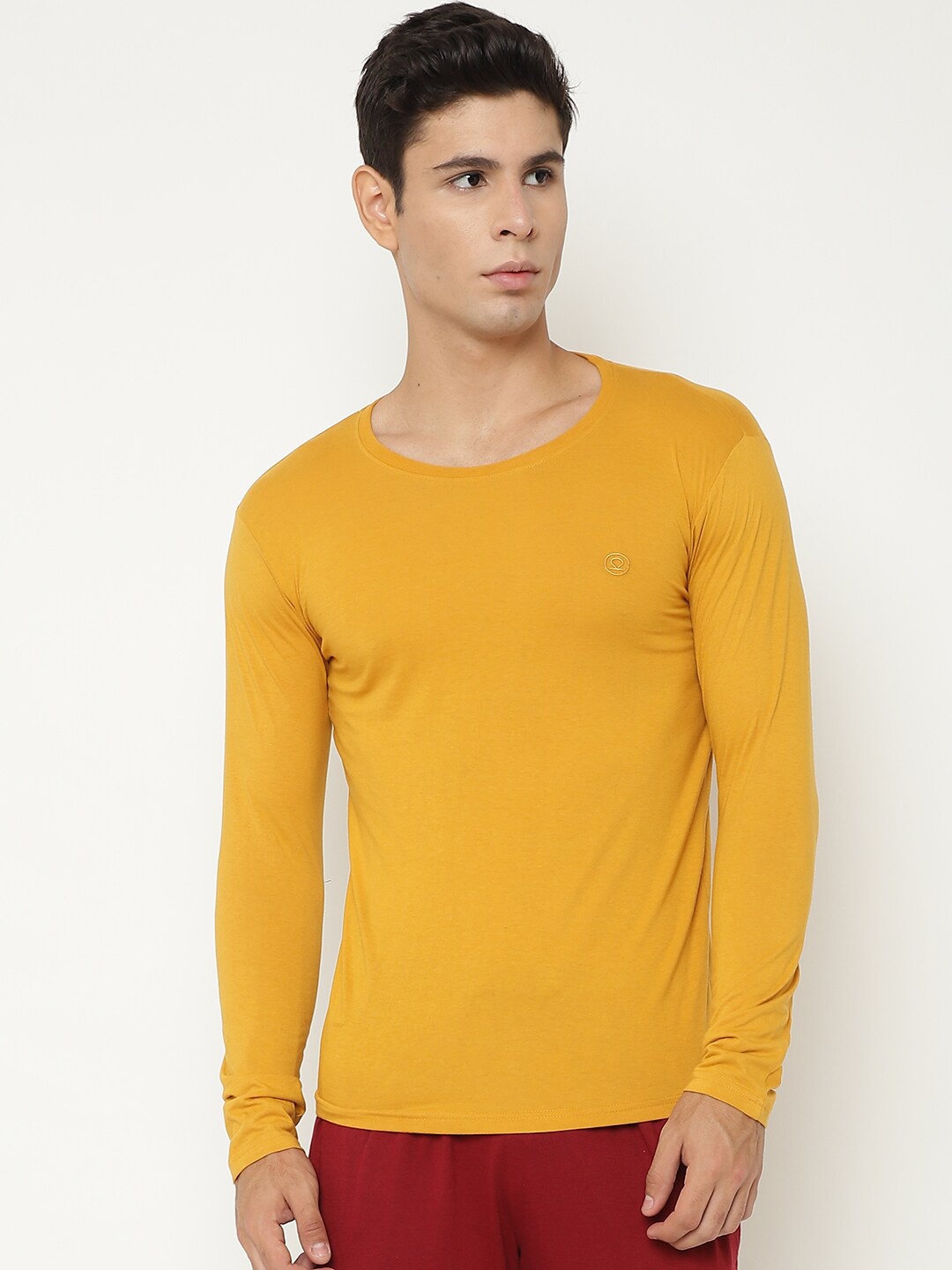 

CHKOKKO Men Mustard Yellow Solid Cotton T-shirt