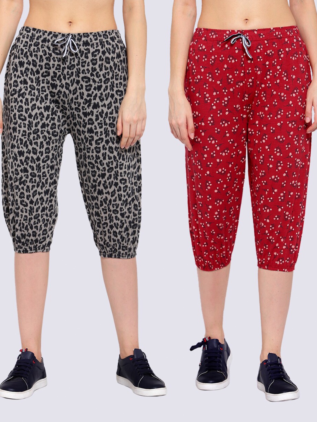 

KLOTTHE Women Black & Red Pack of 2 Printed Capris