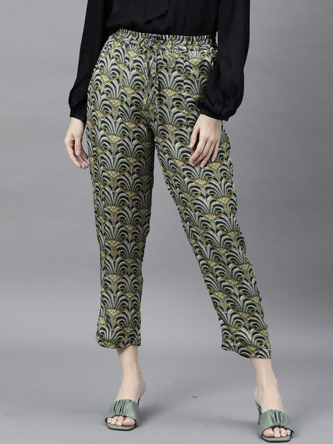 

RAREISM Women Green Ethnic Motifs Printed Peg Trousers