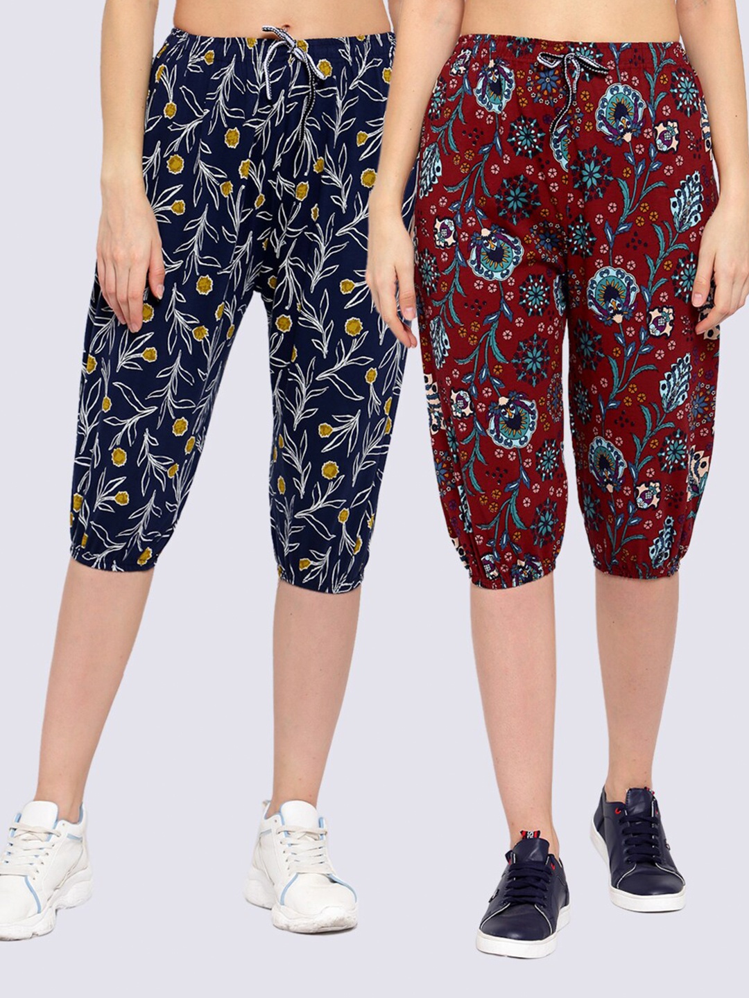 

KLOTTHE Pack Of 2 Women Pure Cotton Navy Blue & Red Printed Capris