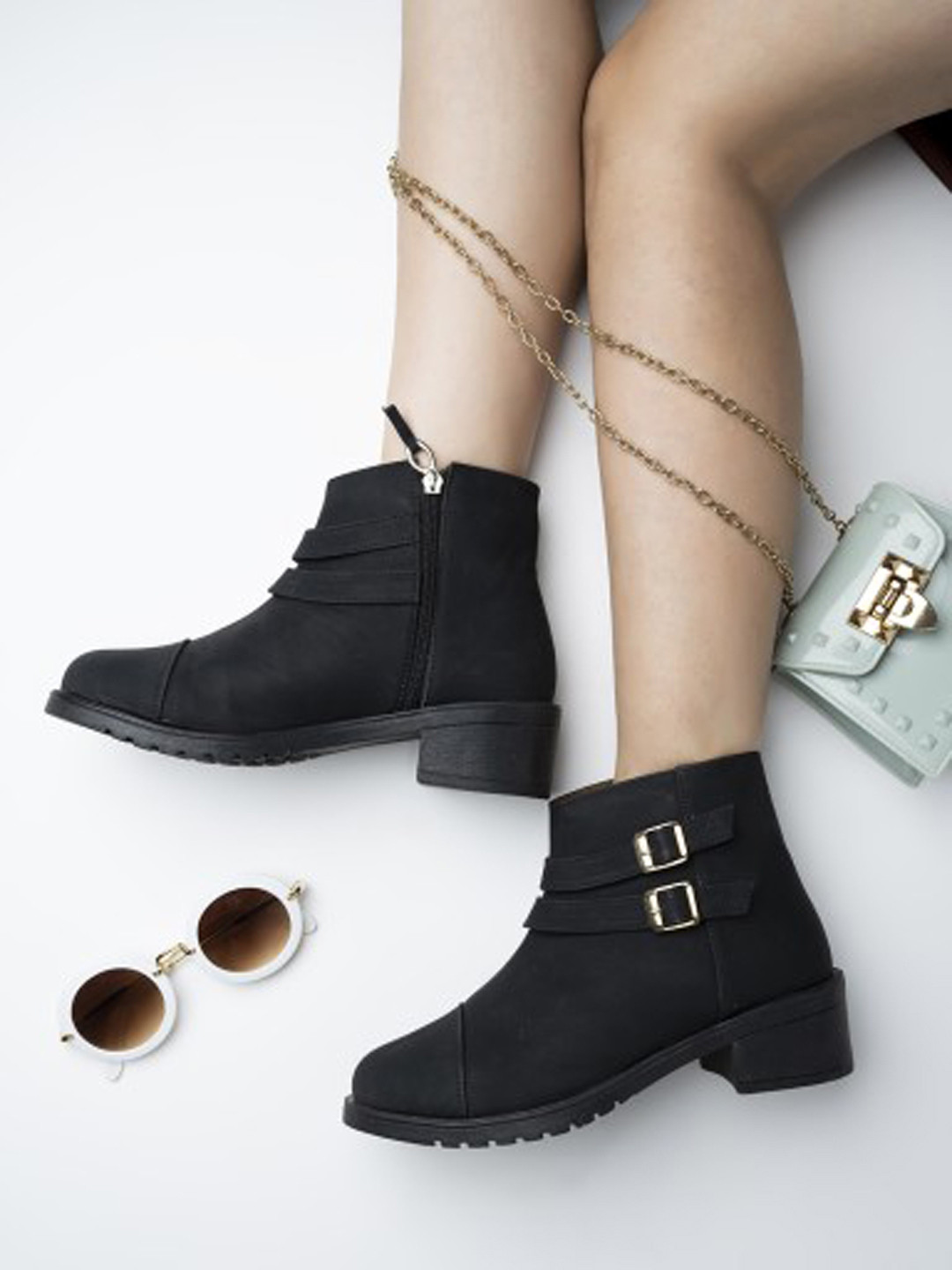 

Shoetopia Black Block Heeled Boots with Buckles