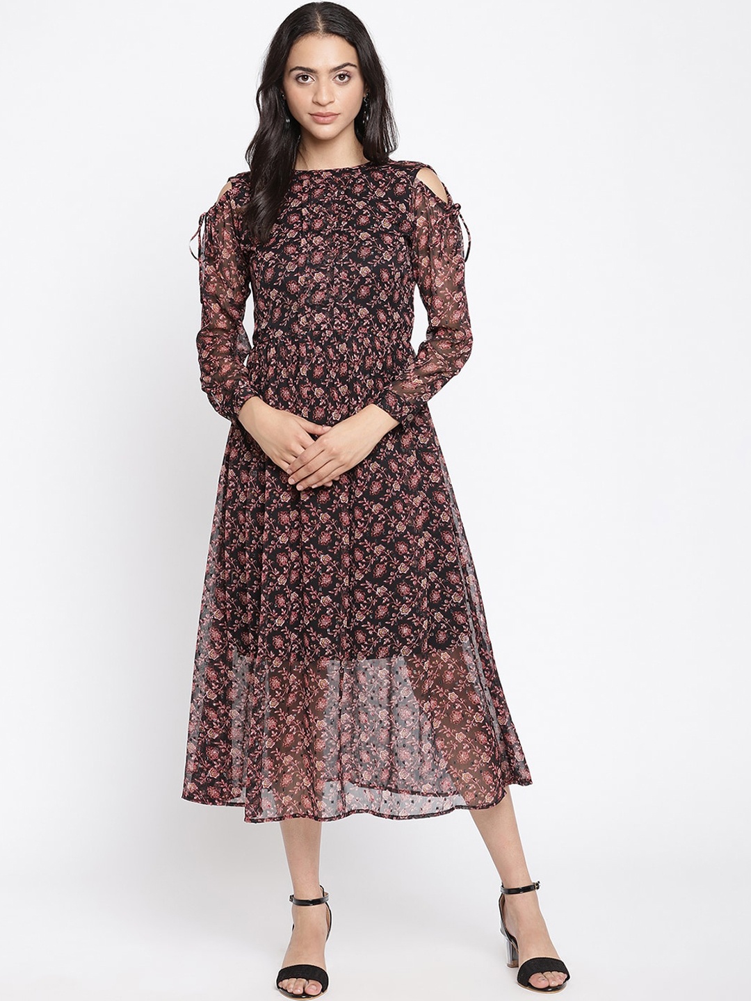 

COASTLAND Black & Red Floral Georgette Midi Dress