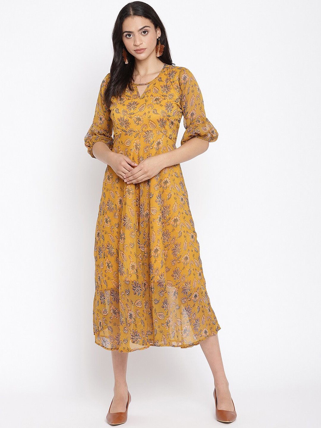 

COASTLAND Yellow Ethnic Motifs Keyhole Neck Chiffon Midi Dress