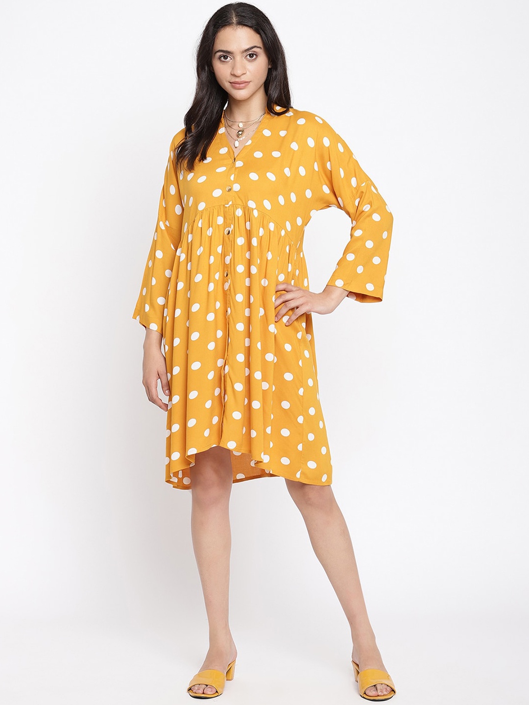 

COASTLAND Yellow & White A-Line Dress